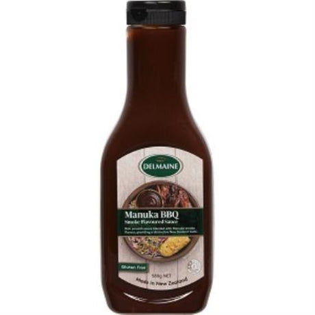 Delmaine Manuka Barbeque Sauce 580g, a smoky, tangy blend ideal for marinating and dipping, made in New Zealand.