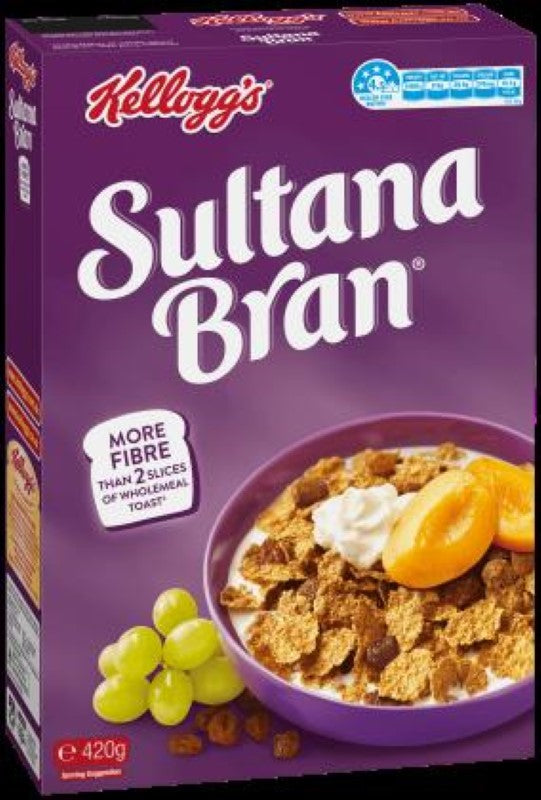 A 420G box of Kellogg's Sultana Bran cereal, rich in whole grains and sultanas for a nutritious, crunchy breakfast.