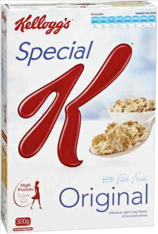 Bowl of Kellogg's Special K Original cereal, a nutritious blend of rice and wheat flakes in a 300G box.