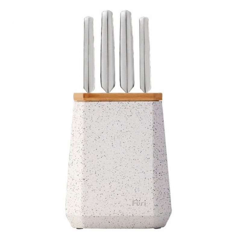 Furi Stone Knife Block Set featuring a Black and White Terrazzo design, includes 5 high carbon knives for elite culinary performance.