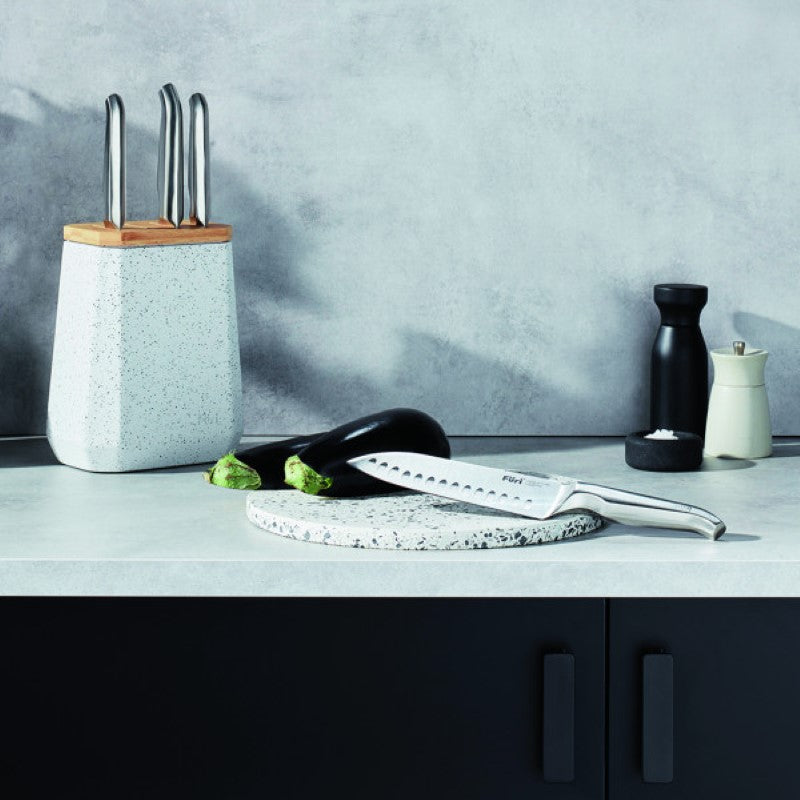 Furi Stone Knife Block Set featuring a Black and White Terrazzo design with five high-carbon stainless steel knives for culinary excellence.