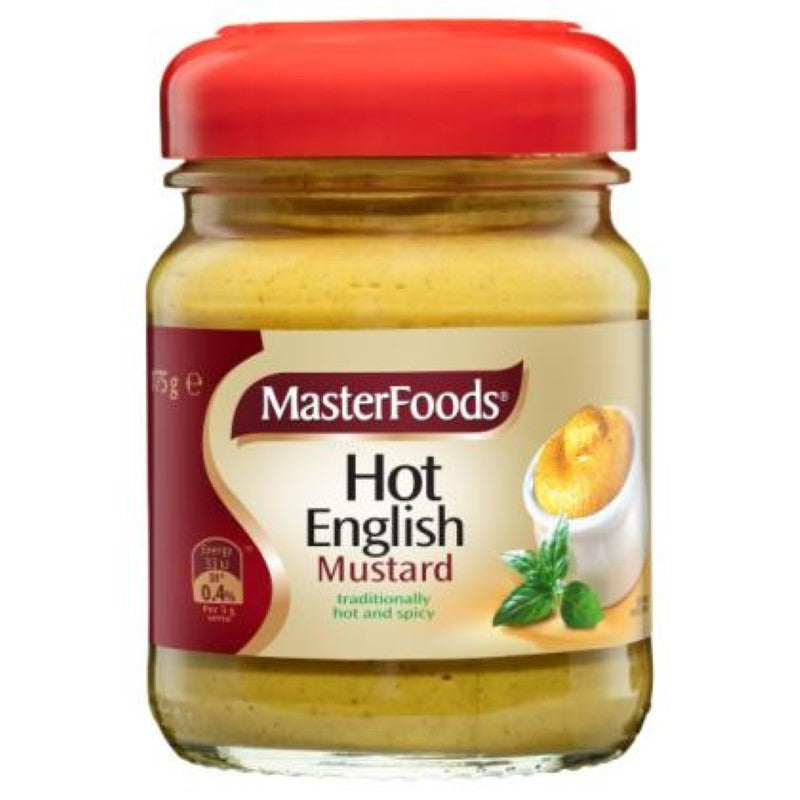 A 175g jar of MasterFoods Hot English Mustard, featuring a zesty and bold flavor perfect for enhancing dishes.