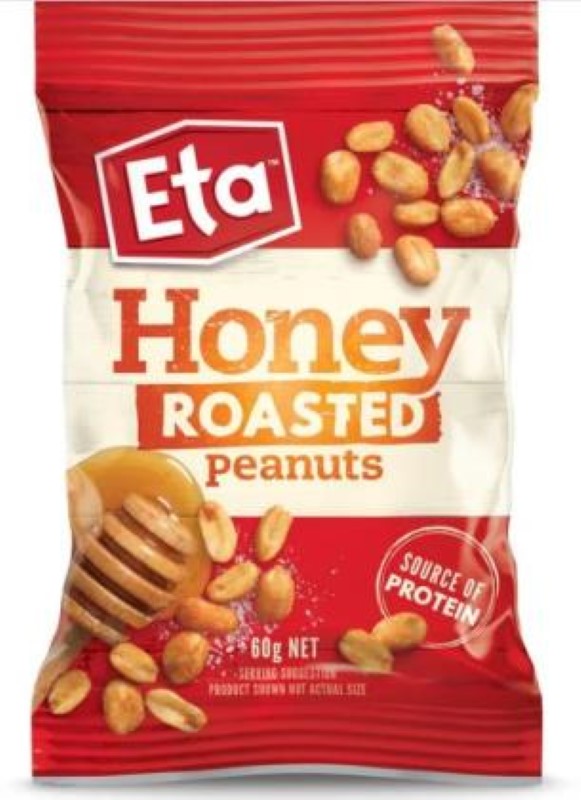 Crunchy Eta honey-roasted peanuts in a 12X60G pack, perfect for healthy snacking or enhancing dishes with flavor.