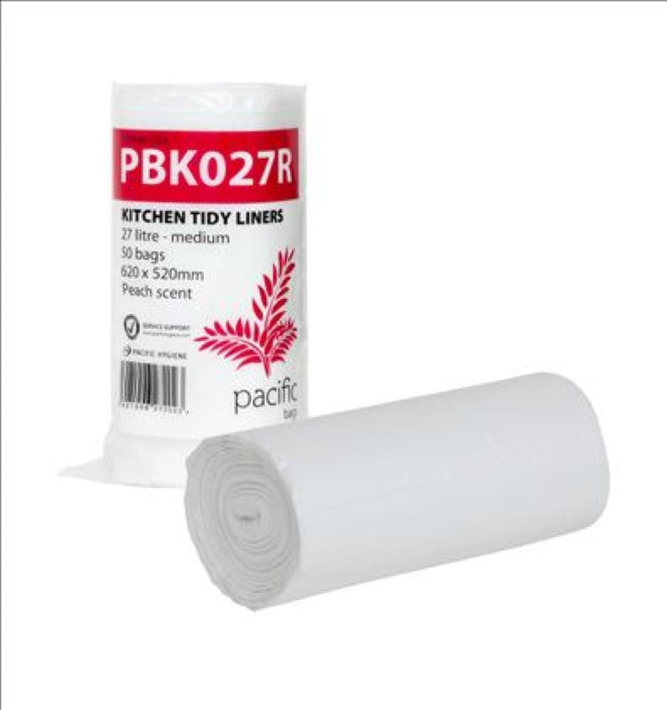 27L kitchen tidy liners from Pacific Bags, 50-pack, featuring a pleasant peach scent and durable, leak-proof design.