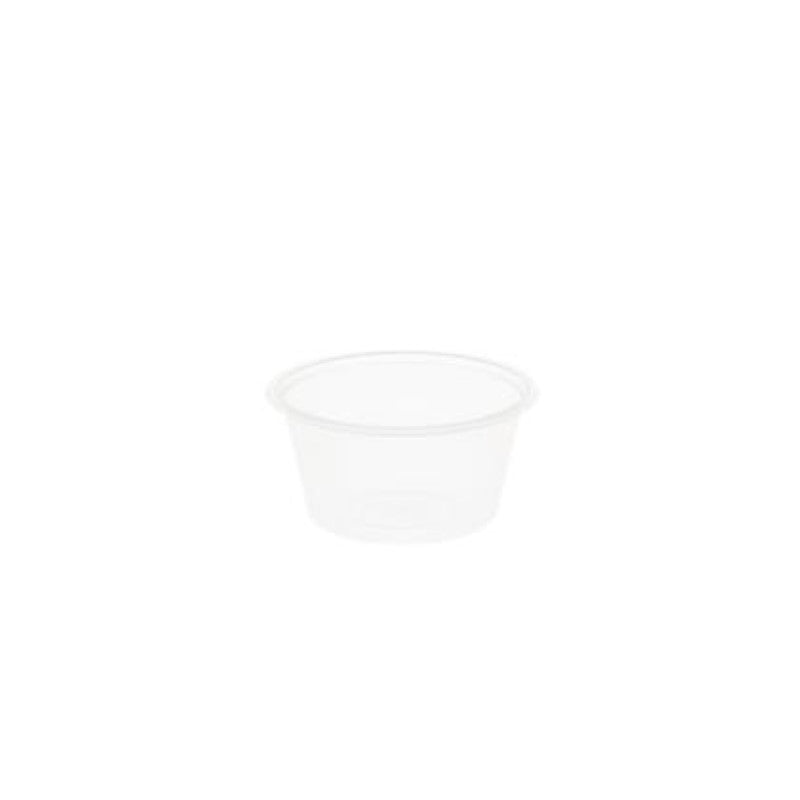 Compact 2oz plastic portion cups by Unipak, perfect for sauces and condiments; microwave safe and recyclable, 100 per pack.