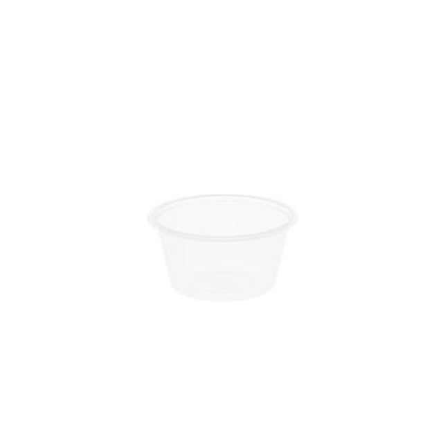 Compact 2oz plastic portion cups by Unipak, perfect for sauces and condiments; microwave safe and recyclable, 100 per pack.