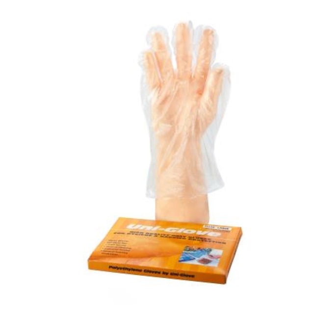 Clear large disposable gloves in a 100PC pack, ideal for food service and light handling tasks. Non-sterile and ambidextrous.