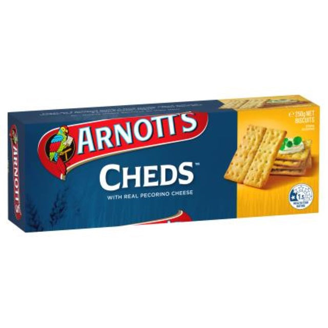 Crispy Arnott's Cheds Crackers topped with real cheddar and Pecorino cheese, ideal for gourmet snacking at home or parties.