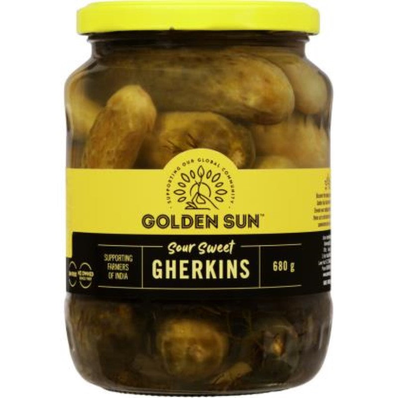 Crunchy Golden Sun sweet and sour gherkins in a 680g jar, offering tangy and zesty flavors for versatile snacking.