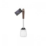 Elegant black walnut slotted turner with stainless steel head, ideal for flipping and serving food with style and efficiency.