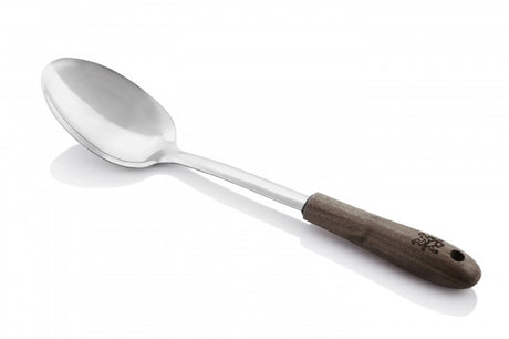 Elegant black walnut solid spoon with stainless steel head, ergonomic design, perfect for cooking and serving.