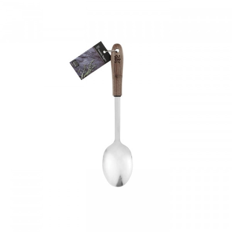 Elegant black walnut solid spoon with ergonomic design and stainless steel head for durable kitchen use.