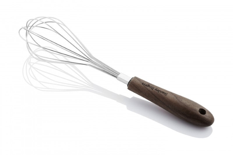 Elegant black walnut whisk with ergonomic handle and durable stainless steel head, ideal for whipping and mixing in the kitchen.