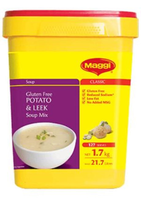 Maggi's 1.7KG gluten-free Soup Potato & Leek mix, offering creamy potato and leek flavor for quick, delicious meals.