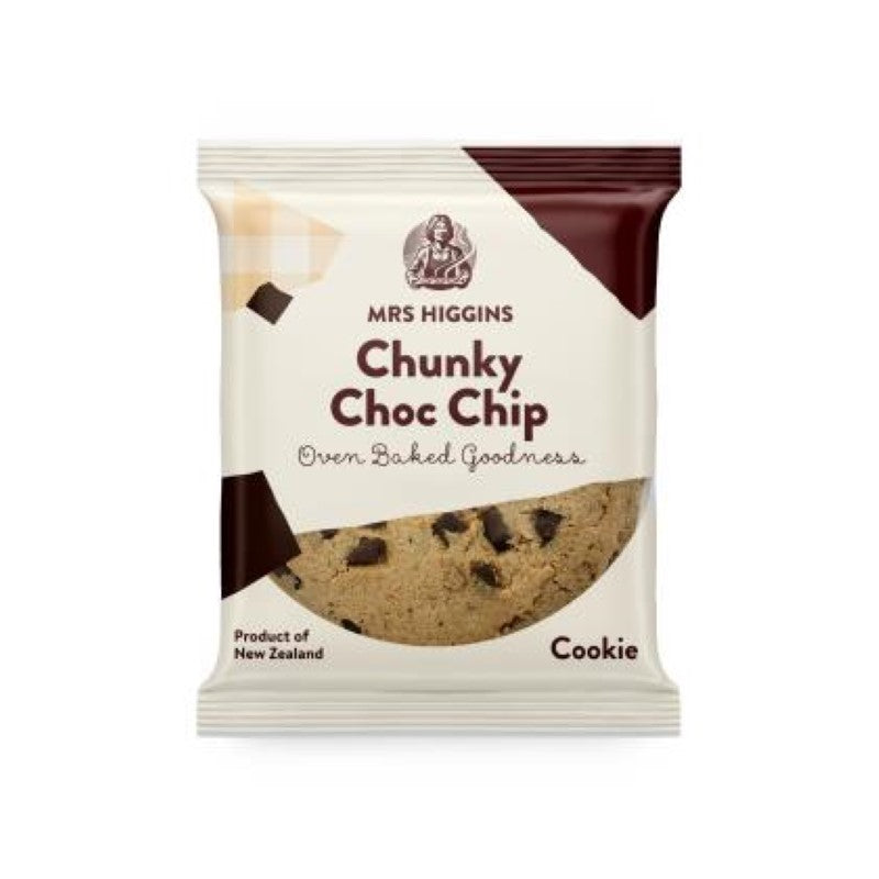 Individually wrapped Mrs Higgins Chocolate Chip Chunky cookies, 40g each, perfect for on-the-go snacking and fresh enjoyment.