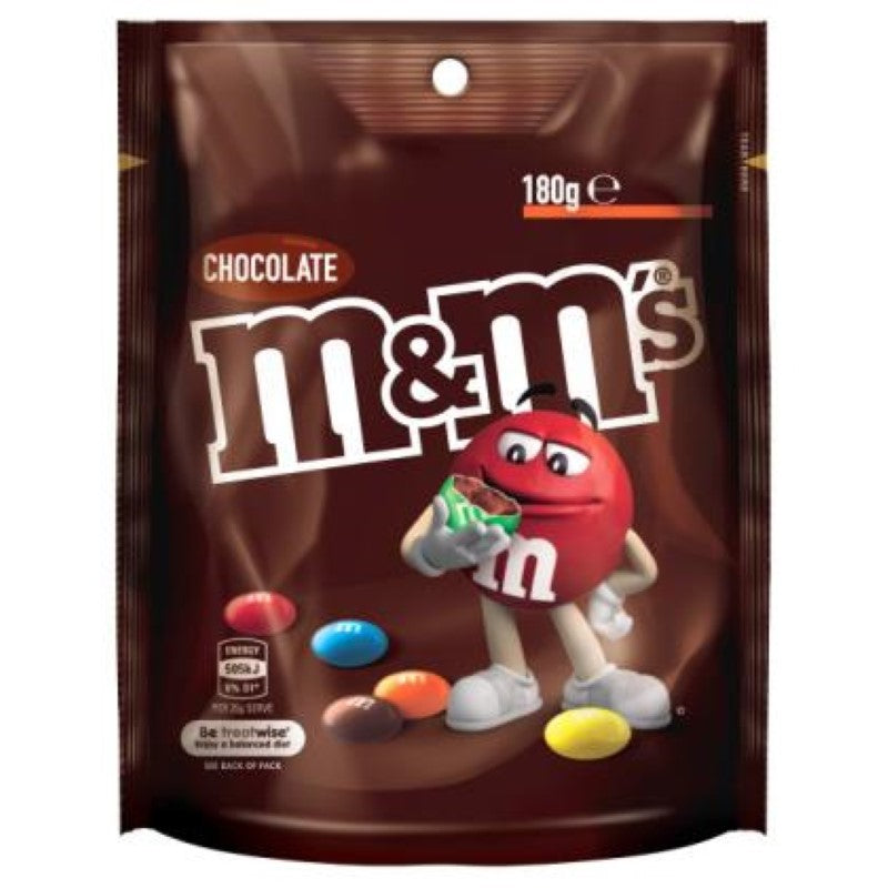 Colorful Milk Chocolate M&M'S in a 180g pack, featuring crispy shells and creamy chocolate, perfect for sharing and snacking.