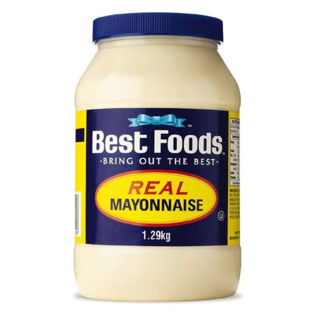 Creamy Bestfood Mayonnaise in a 1.29KG jar, perfect for adding flavor to sandwiches, dressings, and dips.