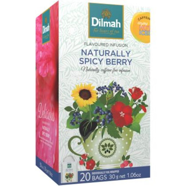 Dilmah's Tea Fruit Berry Spice - 20PC, featuring fruity raspberry and strawberry flavors with cinnamon in foil-wrapped tea bags.