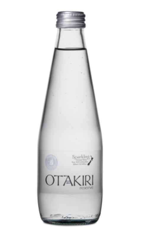 Elegant 300ml glass bottles of Otakiri Reserve sparkling water, featuring a screw cap for freshness, perfect for hydration.