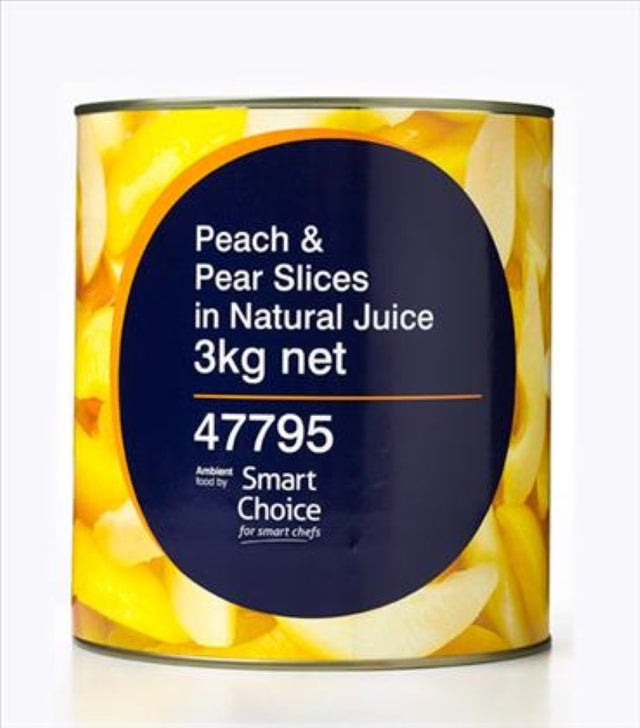 Peach and pear slices in natural juice, 3KG container; perfect for snacking, baking, or topping dishes.