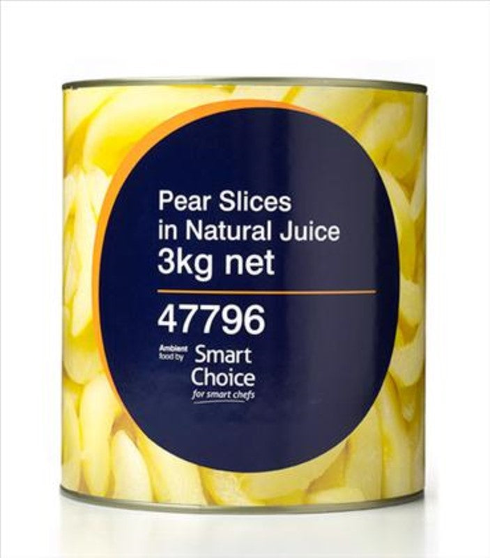 Fresh pear slices in natural juice, 3KG pack from Smart Choice, offering a delicious and nutritious snack option.