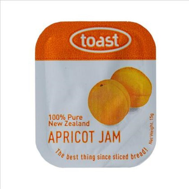 Apricot jam in 15g jars by Toast, perfect for toast, snacks, and enhancing meals, available in a 48PC pack, made in NZ.