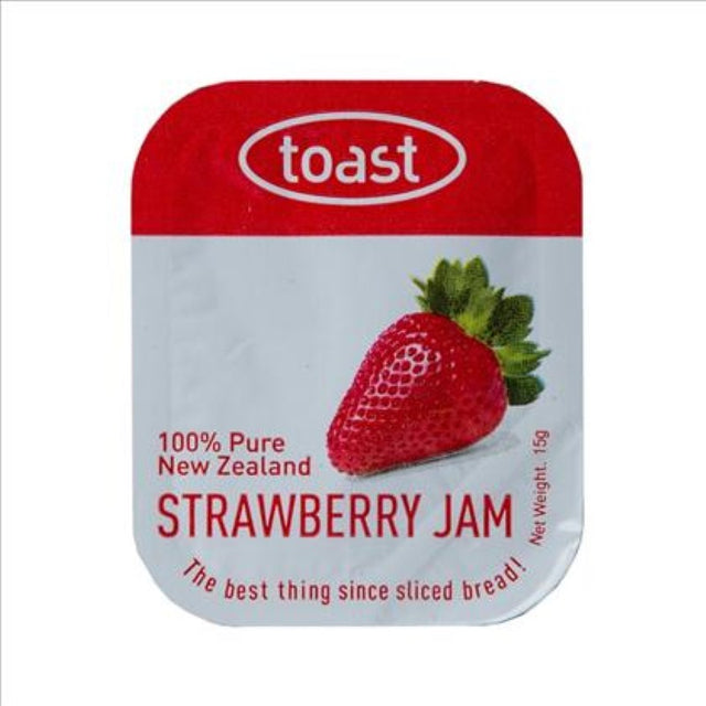 Luscious strawberry jam in 15g portions, perfect for toast; pack of 48 made in New Zealand with local ingredients.