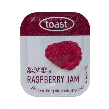 Gourmet 15g Raspberry Jam from Toast, made in New Zealand, perfect for spreading on toast or pairing with cheeses.