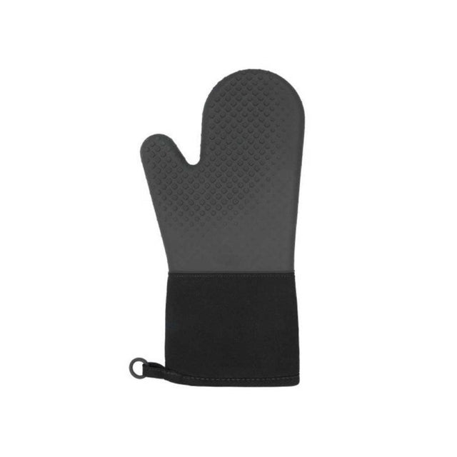 Black OXO Good Grips Silicone Oven Mitt with 13-inch length, non-slip grip, and comfortable fabric interior for safe cooking.