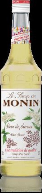 Bottle of Monin Syrup Elderflower (700ML) showcasing floral sweetness for cocktails, mocktails, and desserts.