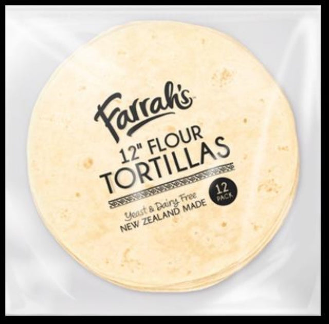 Flour tortillas by Farrah, 12-inch, vegan and dairy-free, perfect for wraps and tacos, made in New Zealand.