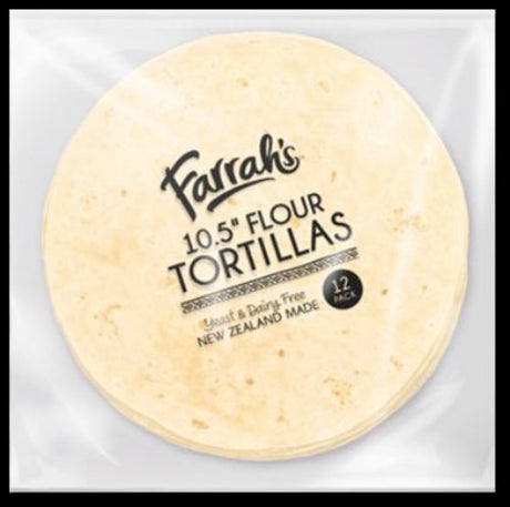 12-pack of Farrah 10.5-inch flour tortillas, vegan, Halal, yeast and dairy-free, perfect for versatile meal creations.