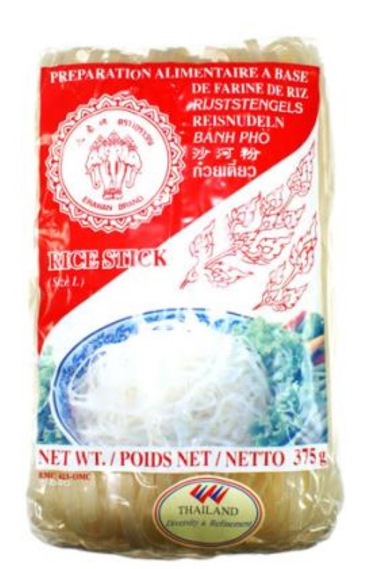 Erawan 5mm large rice sticks in 375g pack, gluten-free and low-fat, perfect for stir-fries, soups, and salads.