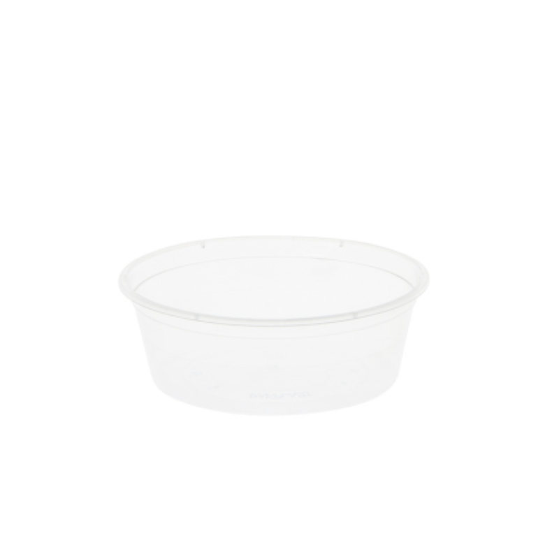 Clear 250ml round plastic containers by Unichef, pack of 50, ideal for food storage and meal prep.
