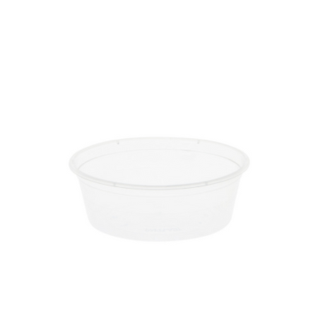 Clear 250ml round plastic containers by Unichef, pack of 50, ideal for food storage and meal prep.