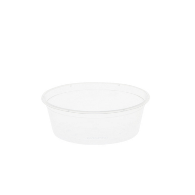 Clear 250ml round plastic containers by Unichef, pack of 50, ideal for food storage and meal prep.