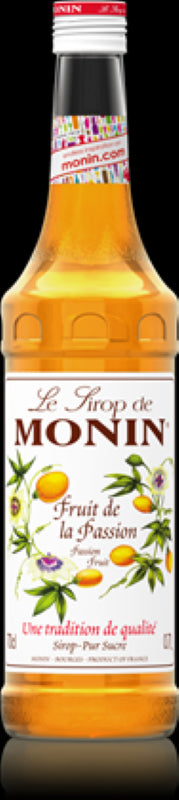 Bottle of Monin Passionfruit Syrup - 700ML, capturing tropical flavors for cocktails, sodas, and desserts.