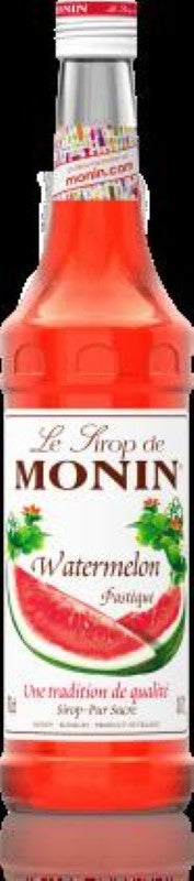 700ML bottle of MONIN Watermelon Syrup, featuring sweet watermelon flavor for summer beverages like cocktails and lemonades.