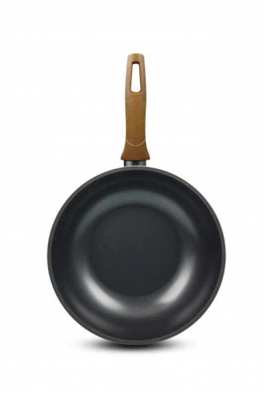 Eco-friendly 28cm Flonal Diversa Wok made from recycled aluminum with non-stick coating, suitable for all cooktops.