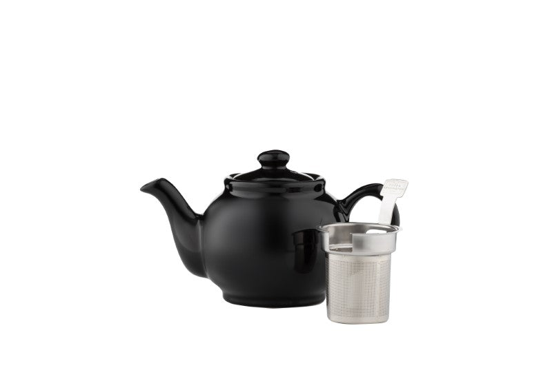 Elegant black 2-cup teapot by Price & Kensington, featuring non-drip spout, ergonomic handle, and durable stoneware design.