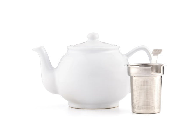 White stoneware 6-cup teapot by Price & Kensington, 1100ml capacity, dishwasher and microwave safe, perfect for tea lovers.