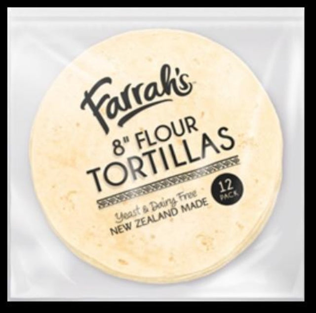 Soft 8-inch flour tortillas by Farrah, vegan and Halal, perfect for wraps and versatile meal options, 12-pack.