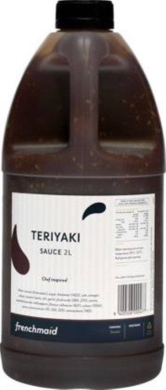 Sauce Teriyaki by Frenchmaid in a 2L bottle, featuring a blend of sesame, tomato, and spices for marinades and stir-fries.