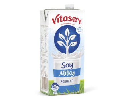 Creamy Vitasoy Soy Milky Regular 1L, a dairy-free, calcium-enriched soymilk made from local non-GM soybeans in Australia.