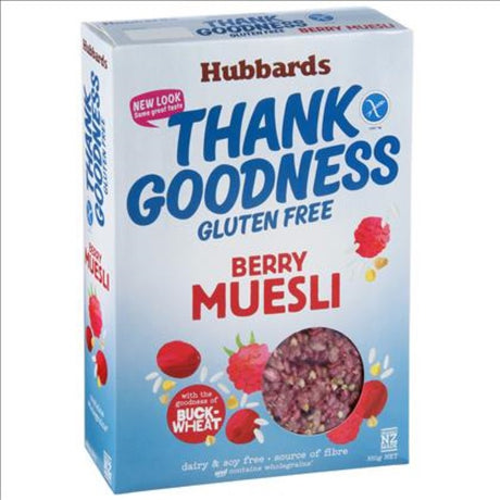 Hubbards Gluten Free Muesli Berry 350G pack showcasing a nutritious blend of oats, seeds, and real berries for a healthy breakfast.