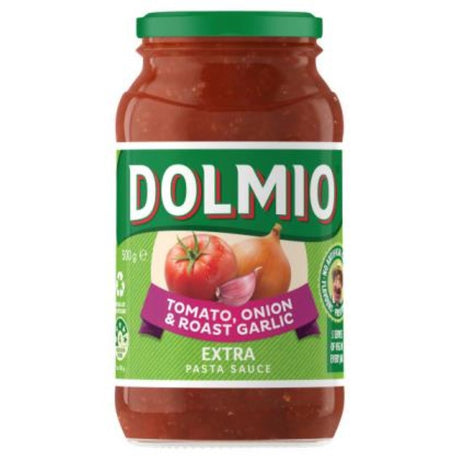 Rich tomato, onion, and roasted garlic sauce in a 500g jar, perfect for enhancing pasta dishes with bold flavors.