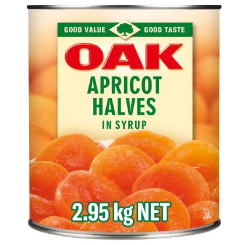 OAK® Apricot Halves in Syrup, 2.95KG can, perfect for baking and cooking with natural sweetness and convenience.