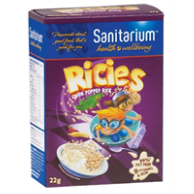 Individual serve packets of Ricies cereal by Sanitarium, oven-popped rice for a light, gluten-free breakfast option.