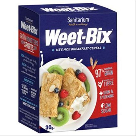 Weetbix Individual Serve from Sanitarium, 24x30g pack, nutritious wholegrain breakfast cereal for convenient, healthy eating.