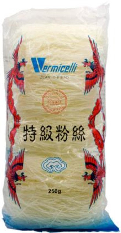 Vermicelli Bean noodles by Double Phoenix, 250g, delicate transparent strands made from mung bean starch, ideal for quick cooking.